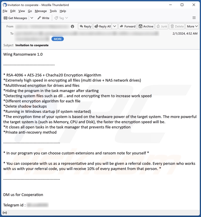 E-Mail, die Partner für Wing Ransomware sucht