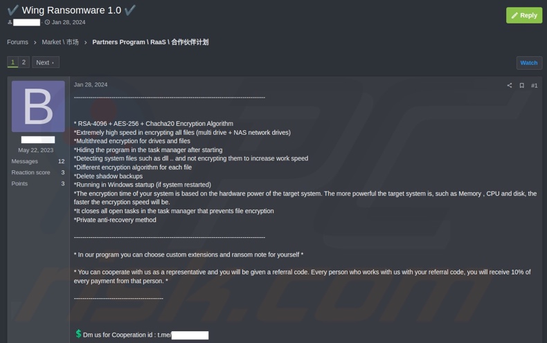 Beitrag in einen Hackerforum in dem Partner für Wing Ransomware gesucht werden