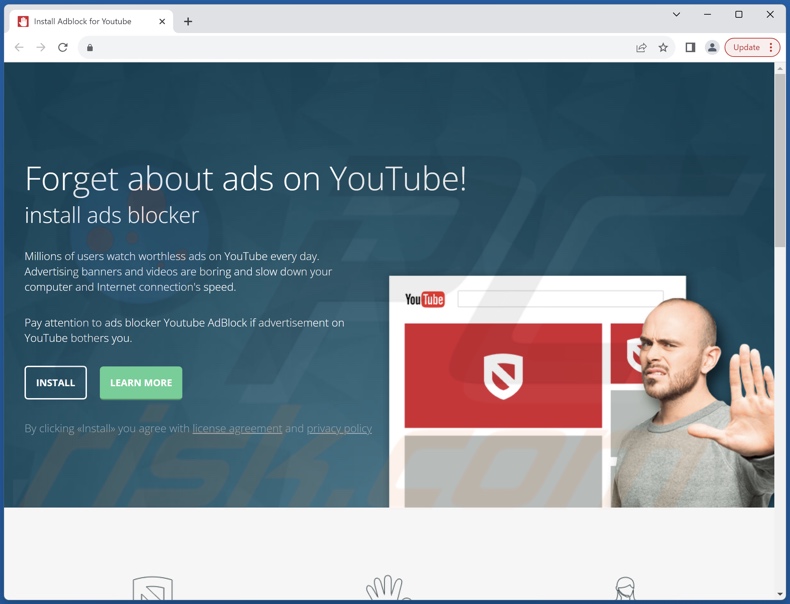 Webseite, die Adblock for Youtube fördert