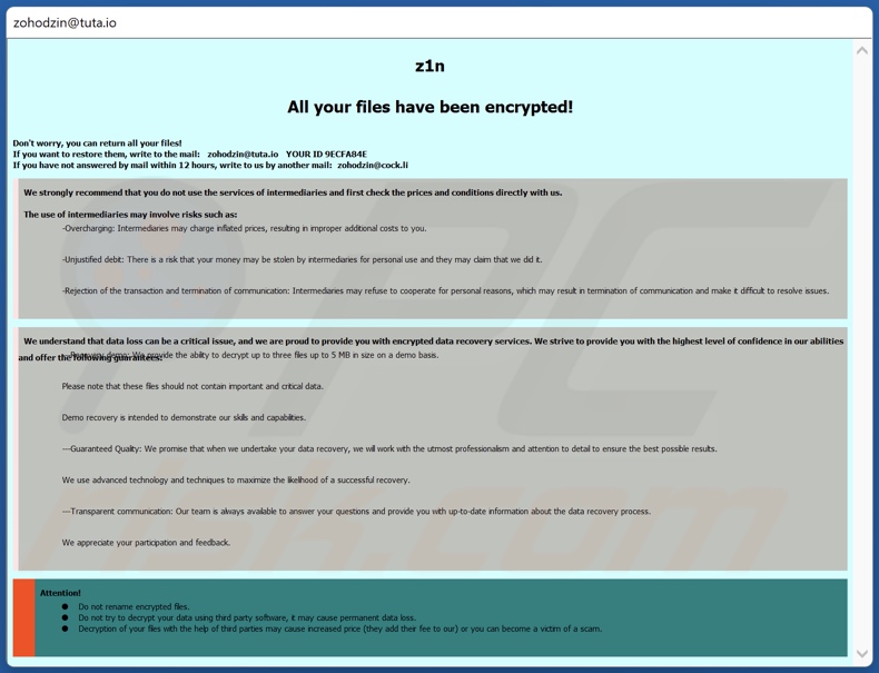 Z1n Ransomware Lösegeldforderung (Pop-up)