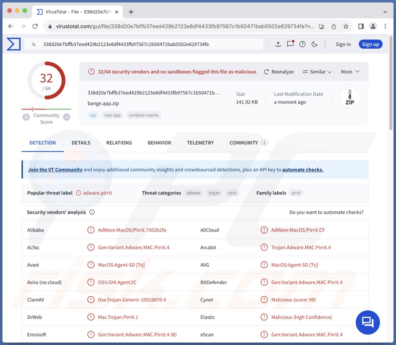 Bande.app Adware Erkennungen auf VirusTotal