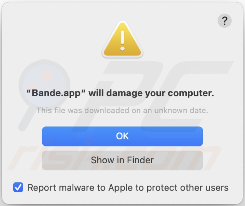 Angezeigtes Pop-up wenn Bande.app Adware im System erkannt wird