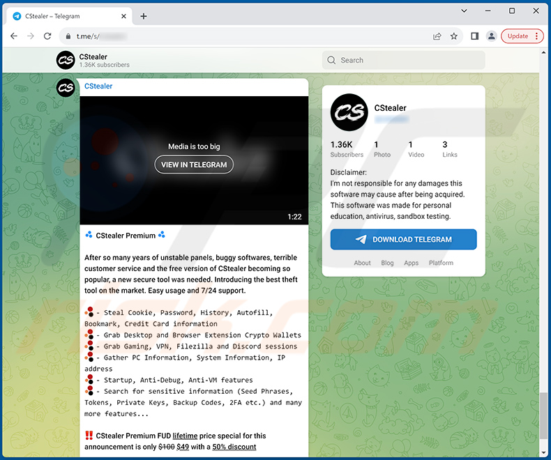 CStealer Malware fördert ein Telegram Konto