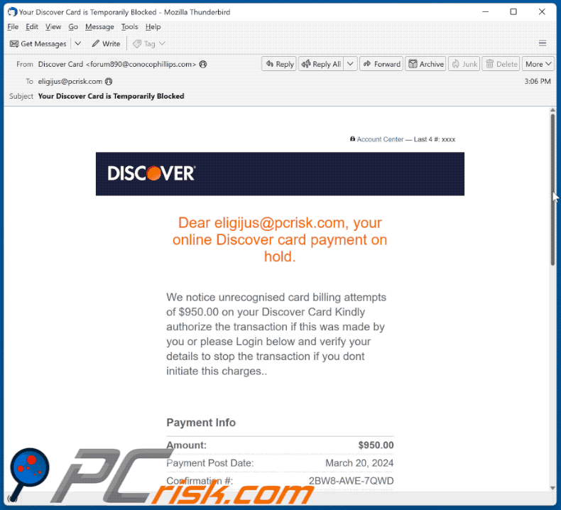 Discover Card Payment On Hold Betrugs-E-Mail (GIF)