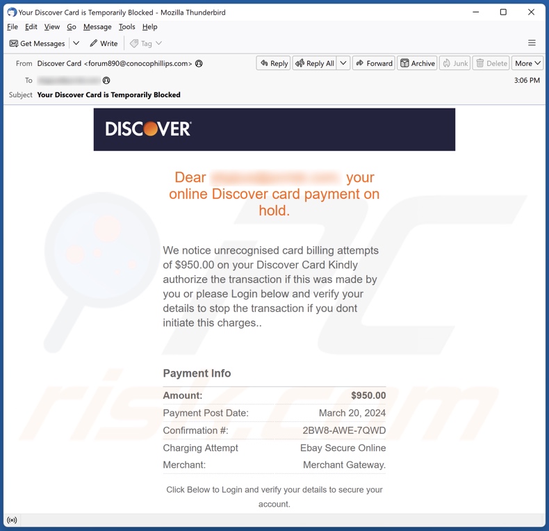 Discover Card Payment On Hold E-Mail Spam-Kampagne