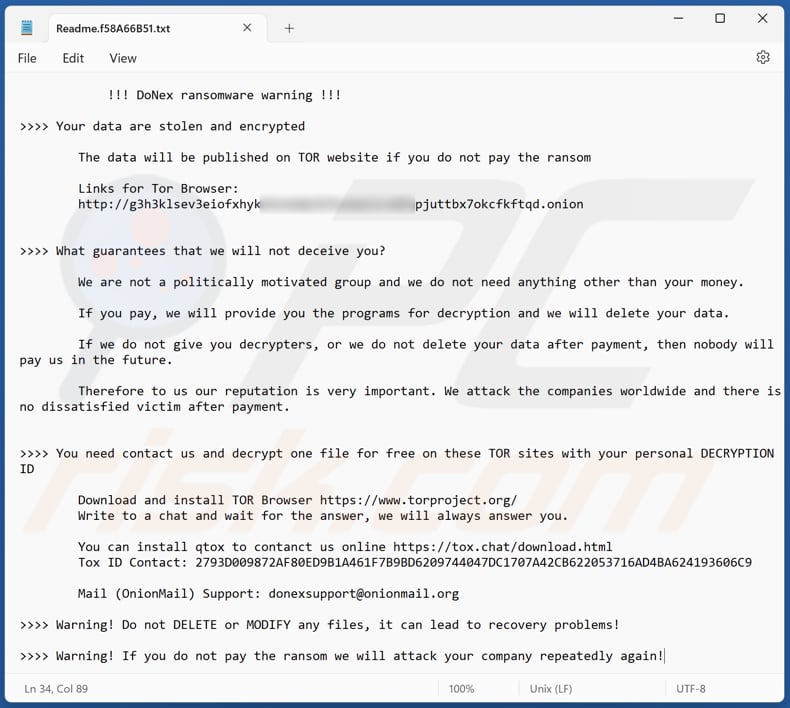 DoNex Ransomware Textdatei (Readme.[victim's_ID].txt)