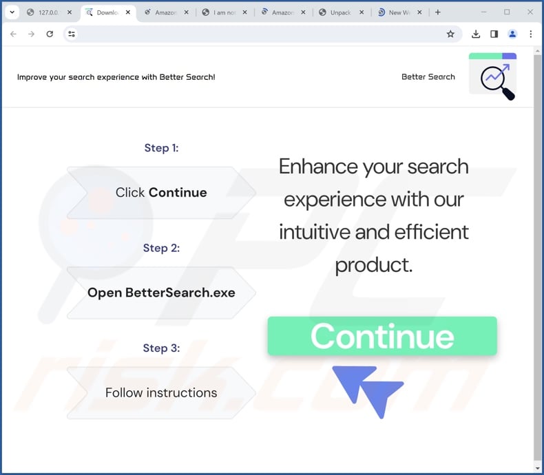 Screenshot einer Webseite, die für das Installationsprogramm wirbt, mit dem finderssearching[.]com in den Browser injiziert wird