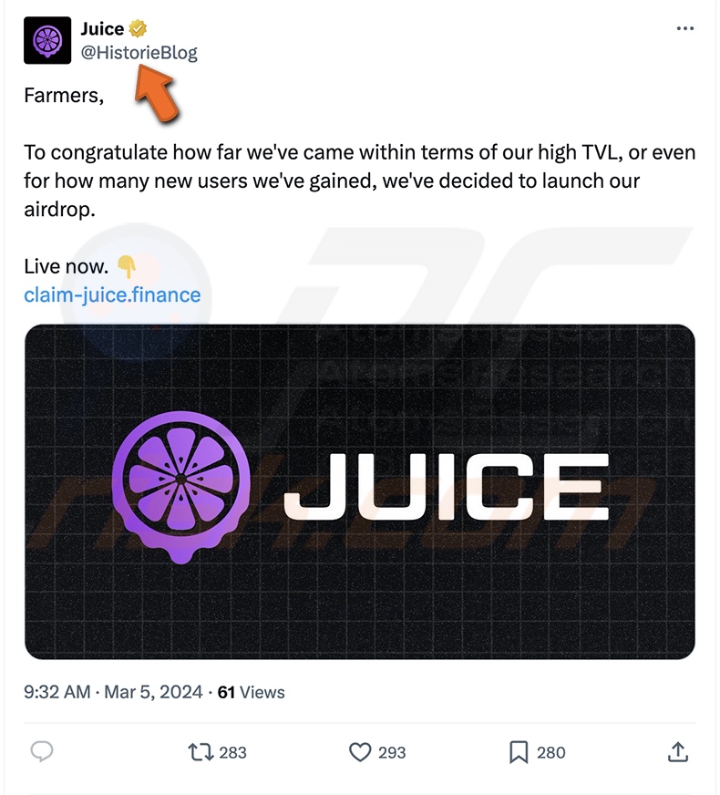 Juice Finance's Airdrop Betrug wird auf X (Twitter) gefördert