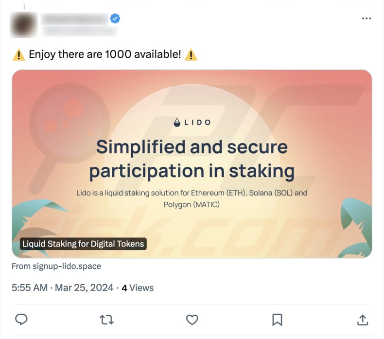 LIDO Staking Betrug fördert einen Twitter X Beitrag