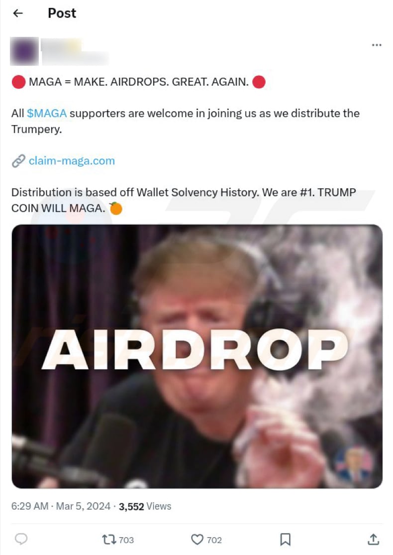 MAGA Airdrop Betrug fördert einen X (Twitter) Beitrag