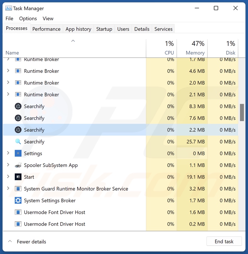 Searchify PUA Prozess im Task Manager (Searchify - Prozessname)