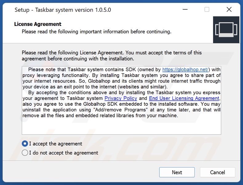 Installations-Setup der PUA Taskbar system