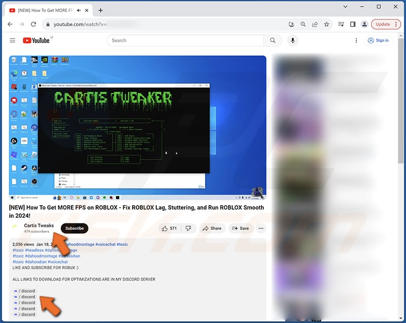 Tweaks Stealer YouTube Video-Beschreibung, die für die Malware wirbt