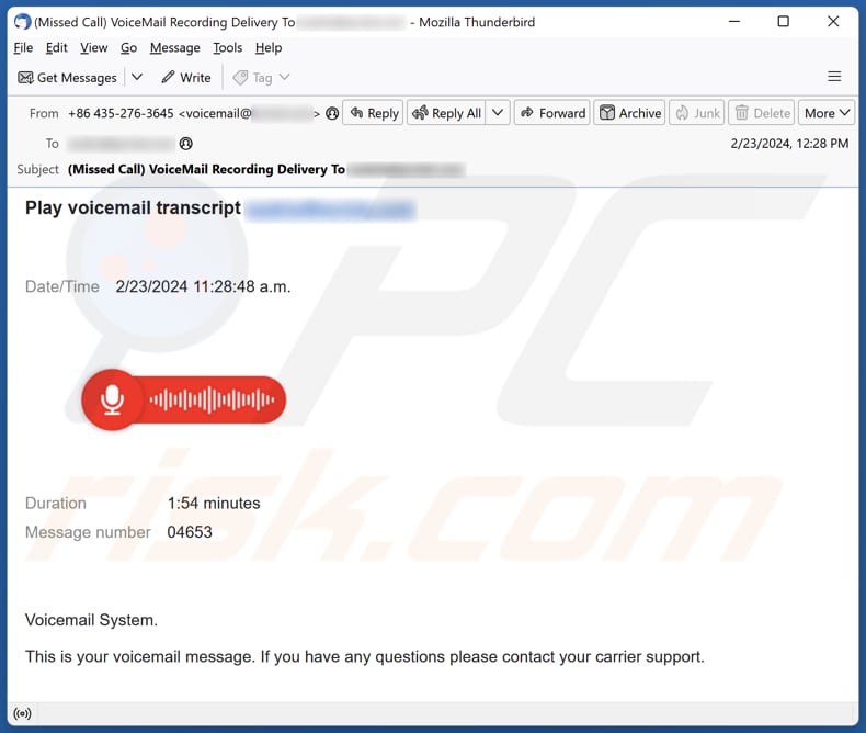 Voicemail Transcript E-Mail Spam-Kampagne