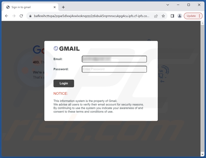Agreement Update Betrugs-E-Mail beworben Phishing-Website