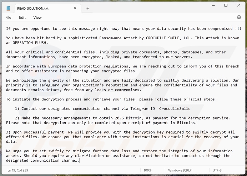Crocodile Smile Ransomware Lösegeldforderung (READ_SOLUTION.txt)