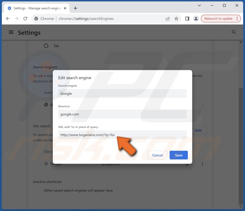 hogarlainz.com von der Google Chrome Standardsuchmaschine entfernen