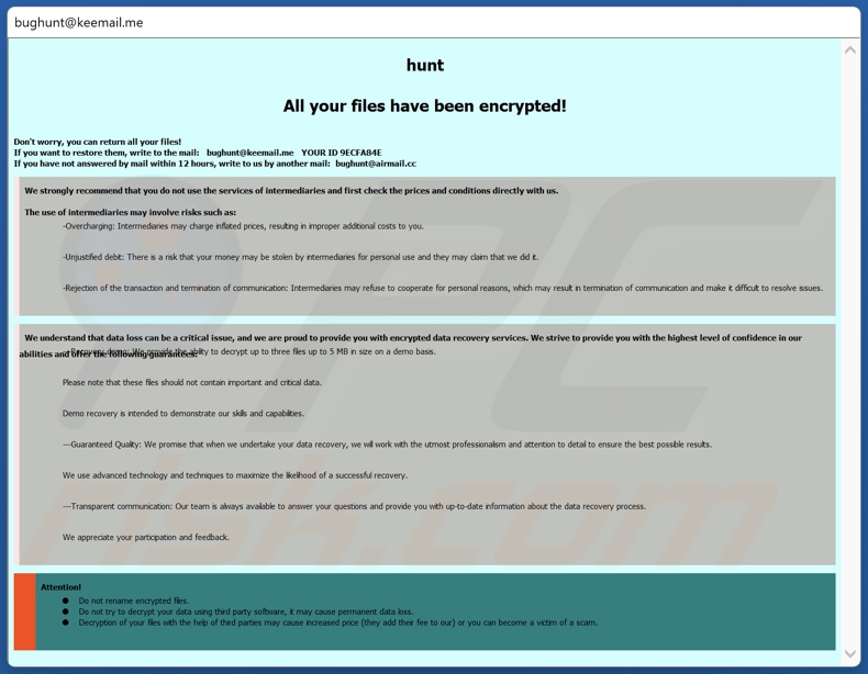 Hunt Ransomware Erpresserbrief (Pop-up)