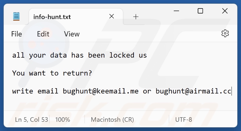 Hunt Ransomware-Textdatei (info-hunt.txt)