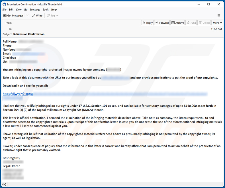 Spam E-Mail, die Latrodectus Malware verbreitet (Beispiel 1)