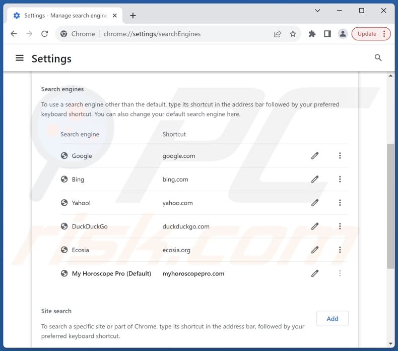 Entfernen von myhoroscopepro.com aus der Standardsuchmaschine von Google Chrome