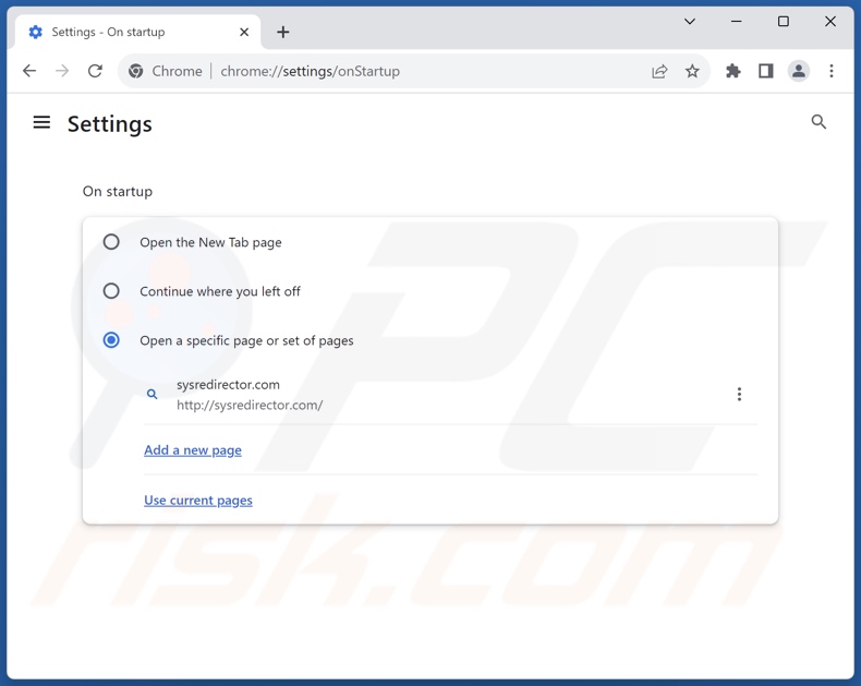 Entfernen von sysredirector.com von der Startseite von Google Chrome