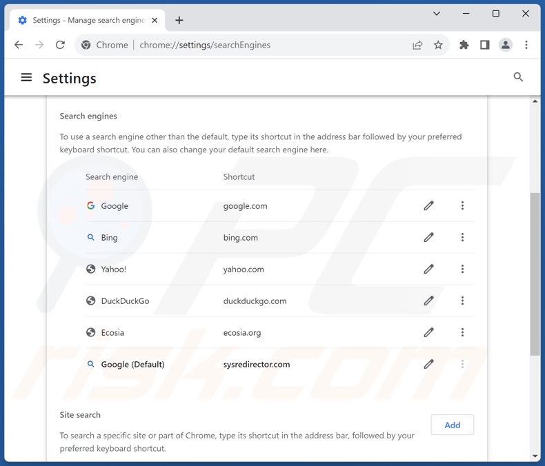 Entfernen von sysredirector.com aus der Standardsuchmaschine von Google Chrome