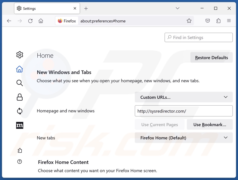 Entfernen von sysredirector.com von der Startseite von Mozilla Firefox