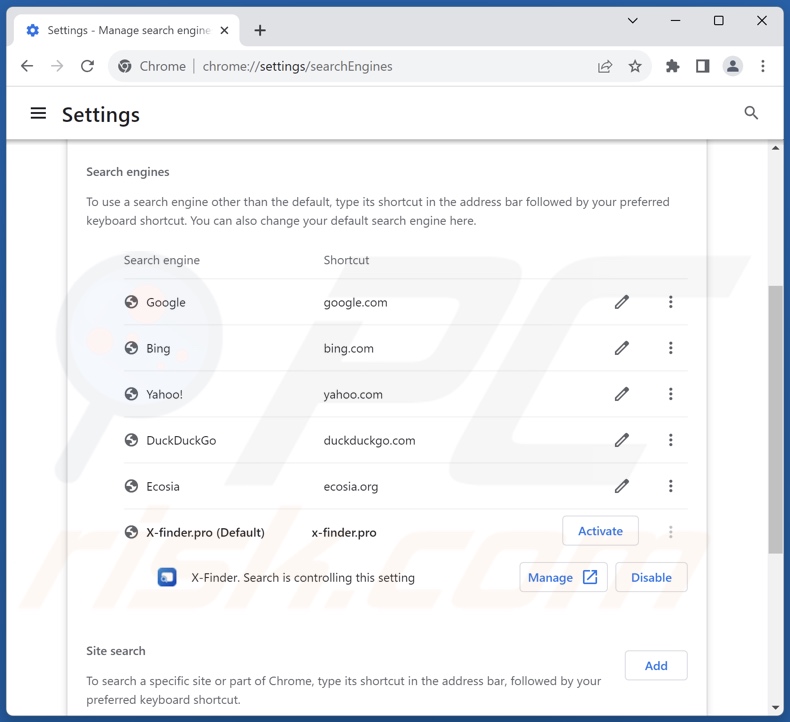 Entfernen von x-finder.pro aus der Standardsuchmaschine von Google Chrome