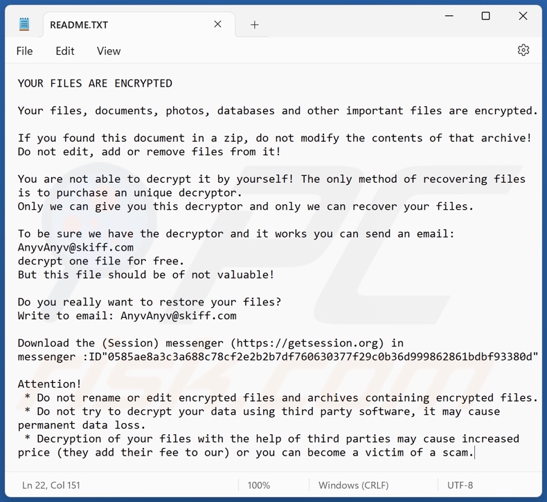 Anyv ransomware Lösegeldforderung (README.TXT)