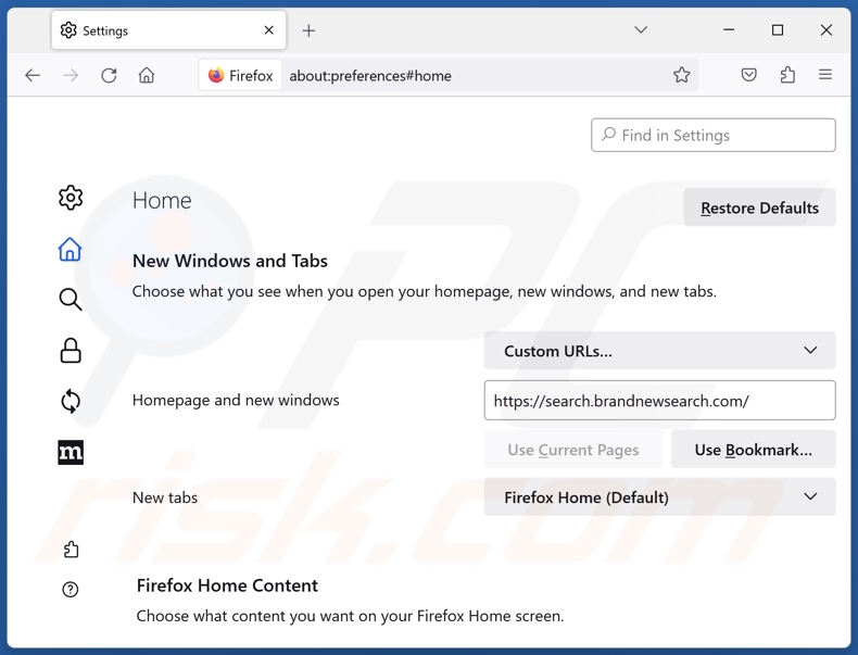 Brandnewsearch.com von der Startseite von Mozilla Firefox entfernen