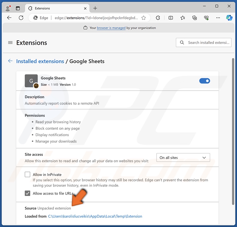 Details zur gefälschten Google Sheets-Browsererweiterung (Edge)