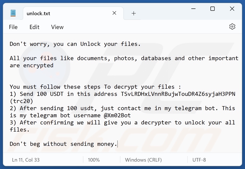 Xam ransomware Lösegeldforderung (unlock.txt)