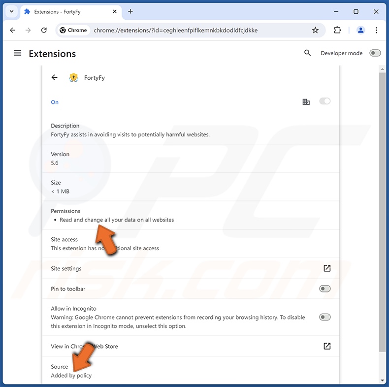 Details zur Browser-Erweiterung FortyFy