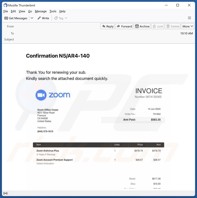 Zoom Antivirus Plus Subscription E-Mail-Spam-Kampagne