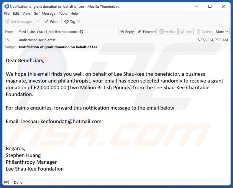 Spam E-Mail Kampagne der Lee Shau-Kee Charitable Foundation