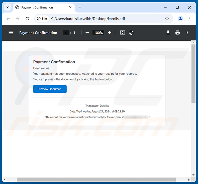Deceptive PDF document distributed using Payment Confirmation Betrug email (2024-08-27)