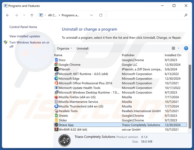Strave App Deinstallation über die Systemsteuerung