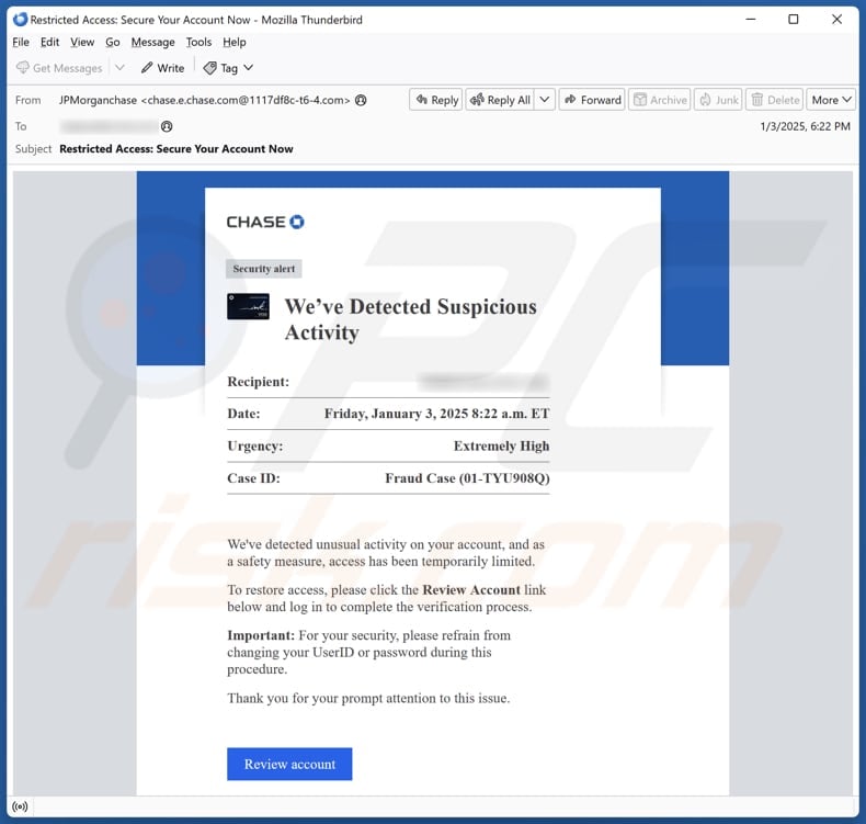 Chase - Suspicious Activity E-Mail Spam Kampagne