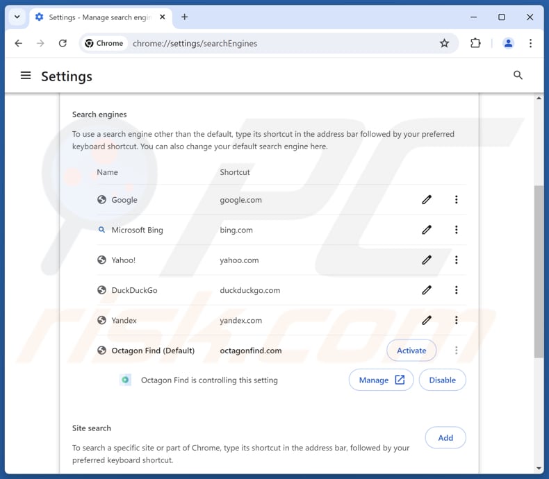 Entfernen von octagonfind.com aus der Standardsuchmaschine von Google Chrome