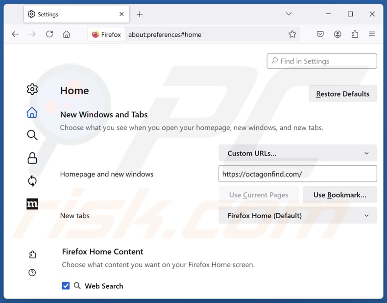 octagonfind.com von der Startseite von Mozilla Firefox entfernen