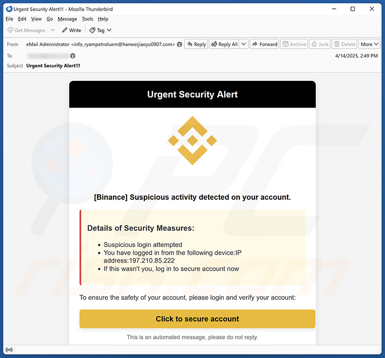 Binance - Urgent Security Alert E-Mail Spam Kampagne