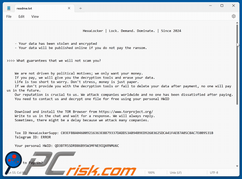 HexaLocker Ransomware Lösegeldforderung (readme.txt) GIF