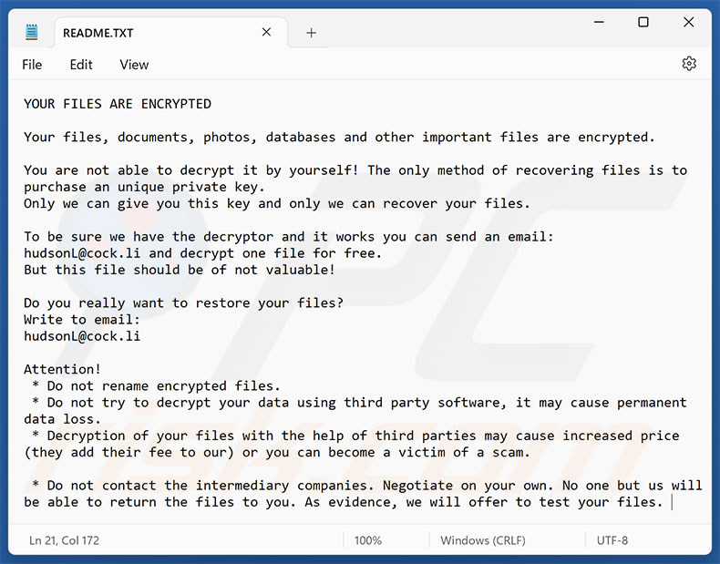 Hudson ransomware ransom Anmerkung (README.TXT)