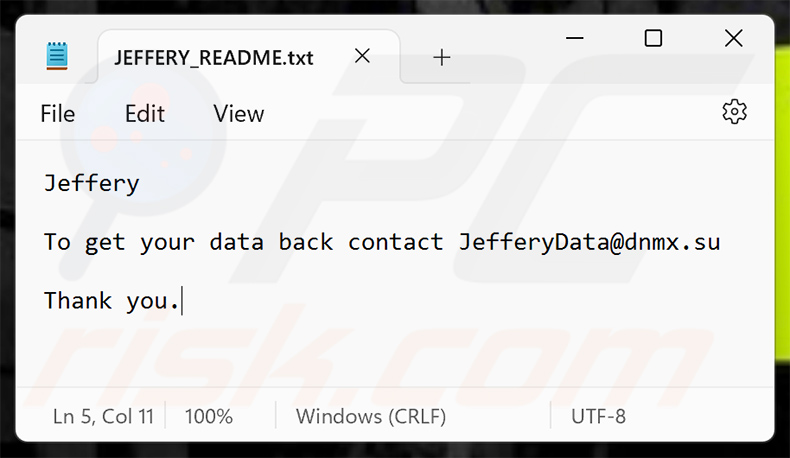 Jeffery ransomware Lösegeldforderung (JEFFERY_README.txt)