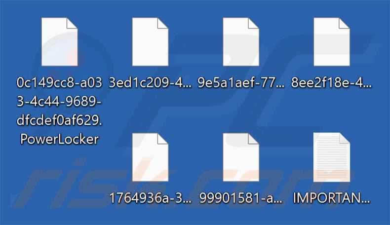 Von der Ransomware PowerLocker verschlüsselte Dateien ([Zufallszeichenfolge.PowerLocker – Muster für die Umbenennung von Dateien)