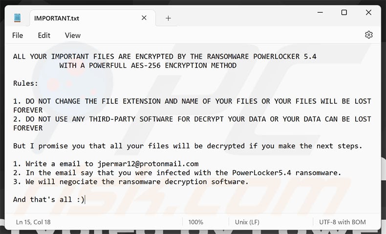 Lösegeldforderung der PowerLocker-Ransomware (IMPORTANT.txt)