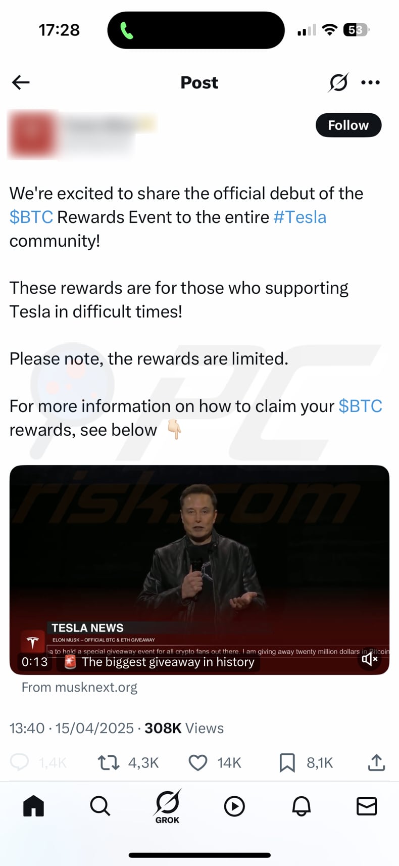 Tesla Foundation Giveaway betrug zweiter gefälschter Beitrag