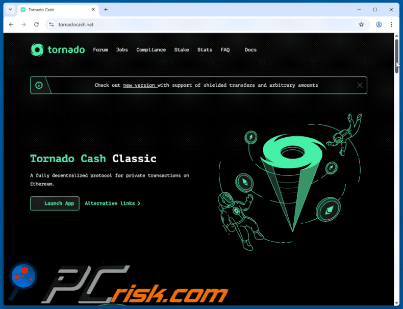 Tornado Cash Erscheinungsbild einer Betrugs Website (GIF)