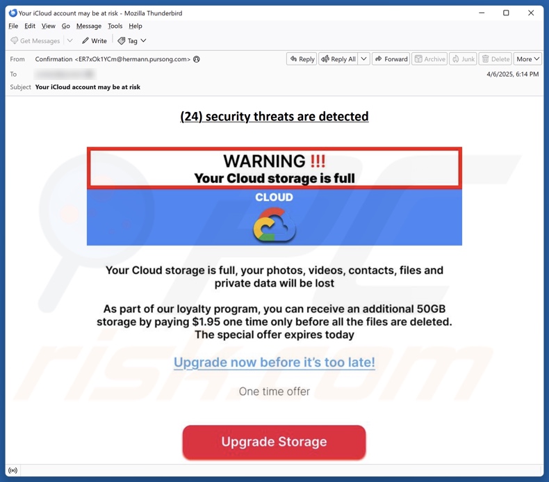 Your Cloud Storage Is Full email spam Kampagne